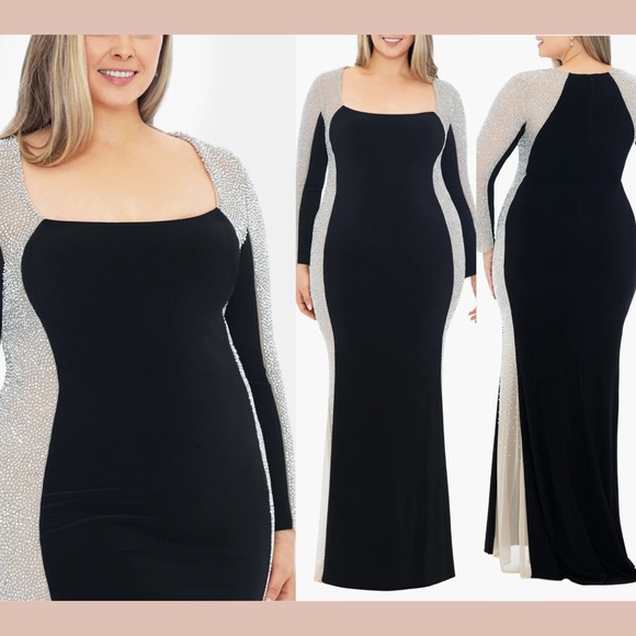 NWT $338 Xscape [ 18W ] Jillian Square Neck Beaded Long‎ Sleeve Gown Black Q1223
